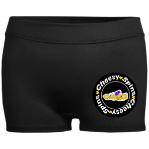 1348-13929-107899505 Cheesy Spins Official- Ladies Fitted Moisture-Wicking 2.5 inch Inseam Shorts- Black